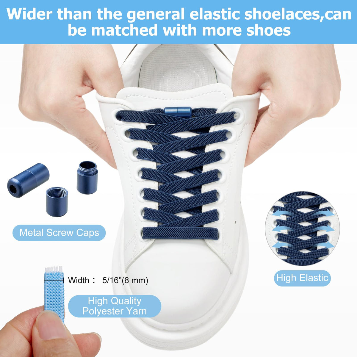 2 Pairs Elastic Shoe Laces for Trainers, 8mm Shoelace