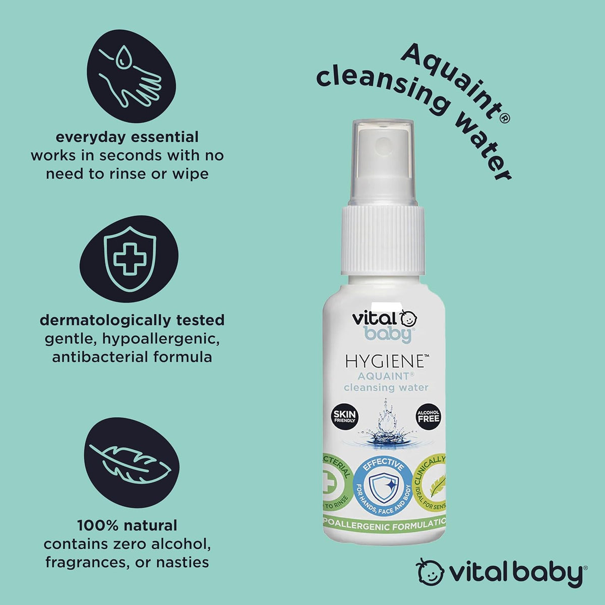 Vital Baby Aquaint Cleansing Water 50ml, 2 Pack| Hypoallergenic, Antibacterial