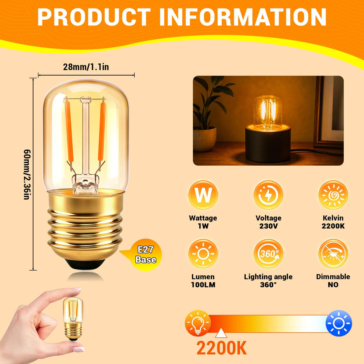 Caldarax 0.5W E14 LED Vintage Night Light Bulb, Mini C7 LED Filament Candle Bulbs Amber Warm White 2200K E14 Orange SES Small Edison Screw Salt Lamp Bulbs, 5W Equivalent, Non Dimmable, 2 Pack