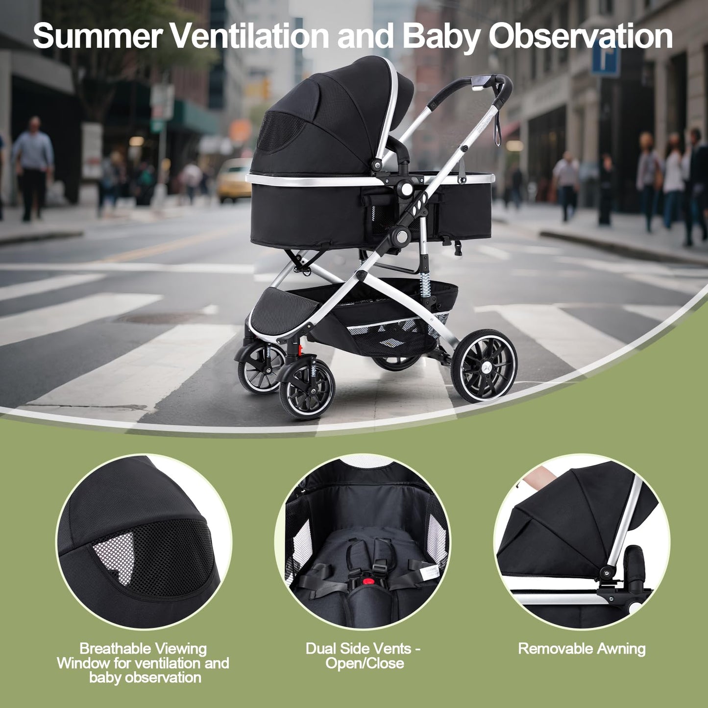 Gcarebb 3 in 1 Prams Travel System, Pushchair with Height Adjustable Handle, Travel Pram with Mosquito Net, Baby Stroller with Aluminum Frame for Newborn 0-4 Years