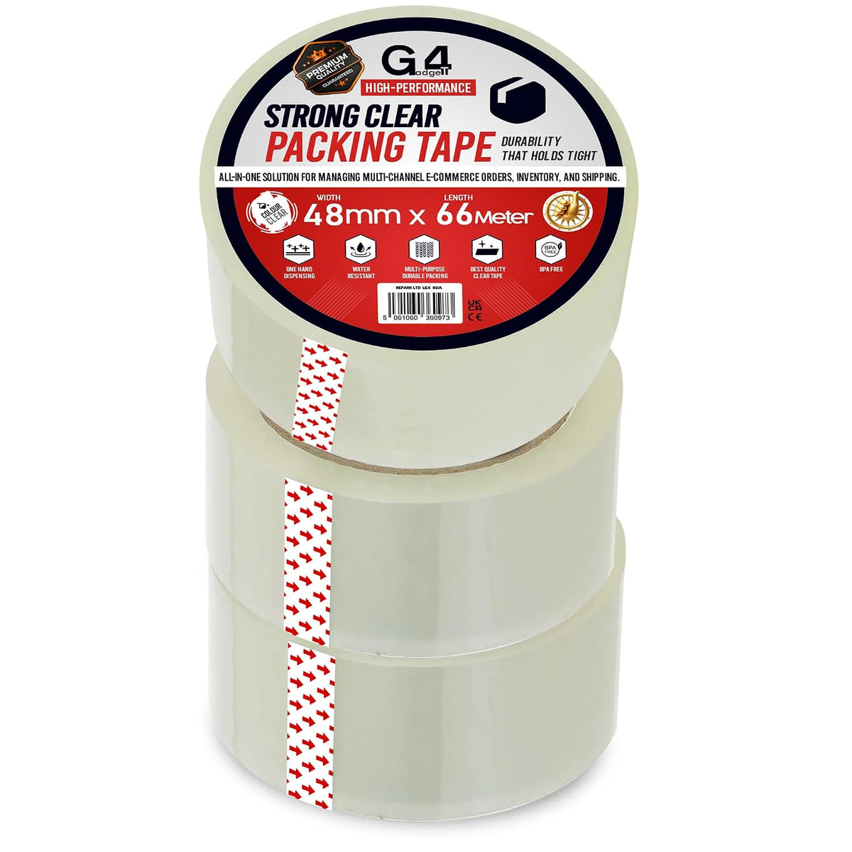 G4GADGET Pack of 3 Clear Packing Tape - Heavy Duty Transparent Tape 48mm x 66m - Ideal for Moving, Packing Boxes, and Secure Packaging