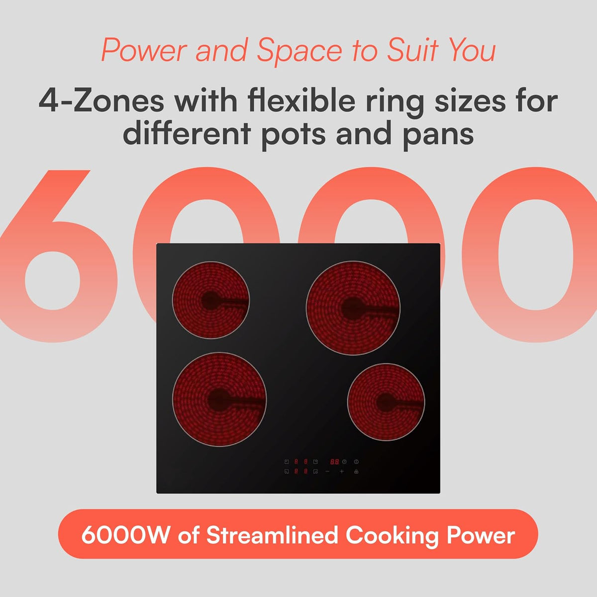 Cookology 60cm Electric Ceramic Hob - 4 Zone - 6000W - Touch Controls