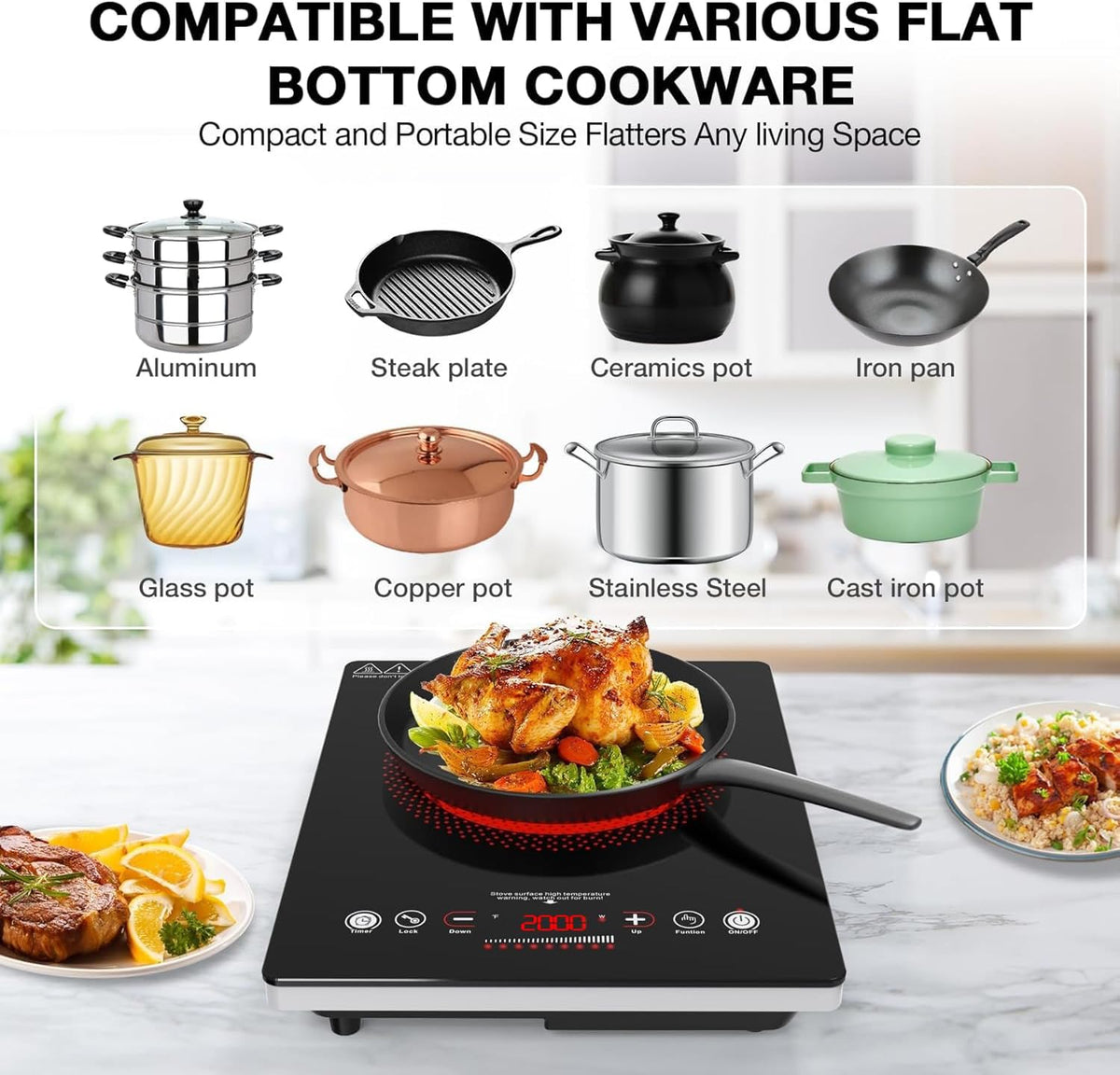 VBGK Double Electric Hob, 220V 3600W Ceramic Hob with Handle, Electric Hot Plate with 9 Power Levels, Child Safety Lock, Timer,Knob and Touch Control, 2 Burner Cooktop