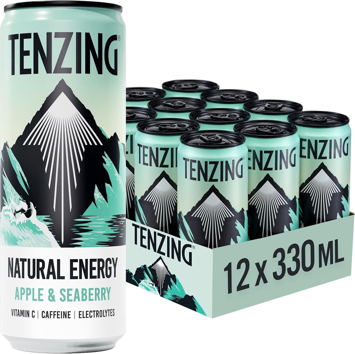 TENZING Natural Energy Drink, Plant Based, Vegan, & Gluten Free, +BCAA, Apple & Seaberry, 330ml (Pack of 12) - Packaging may vary