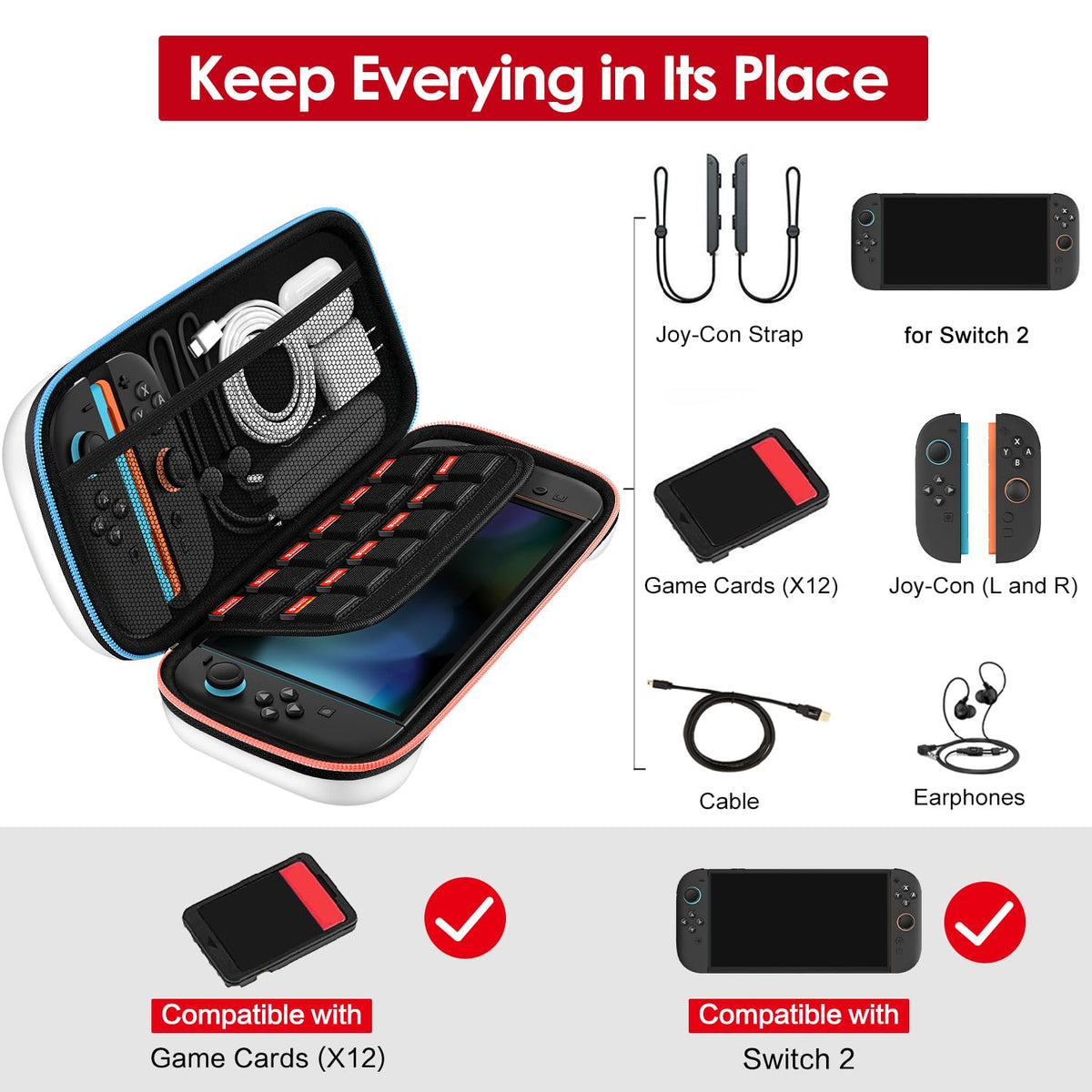 ivoler Carry Case for Nintendo Switch 2 (2025 Model) – Protective Portable Hard Shell Pouch Carrying Travel Game Bag for Nintendo Switch 2 Accessories Holds 12 Game Cartridge– Black