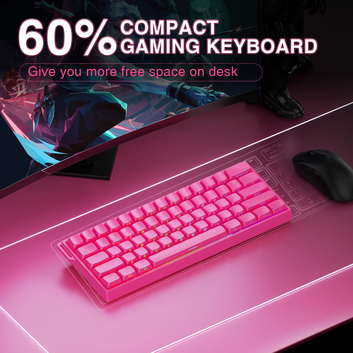 AULA WIN60 HE Mechanical Gaming Keyboard Wired,Hall Effect Magnetic Switches,Adjustable Actuation Rapid Trigger,8K Polling Rate,RGB Backlight,60% Percent Keyboard for Mac/Win (BLACK) (Pack of 2)