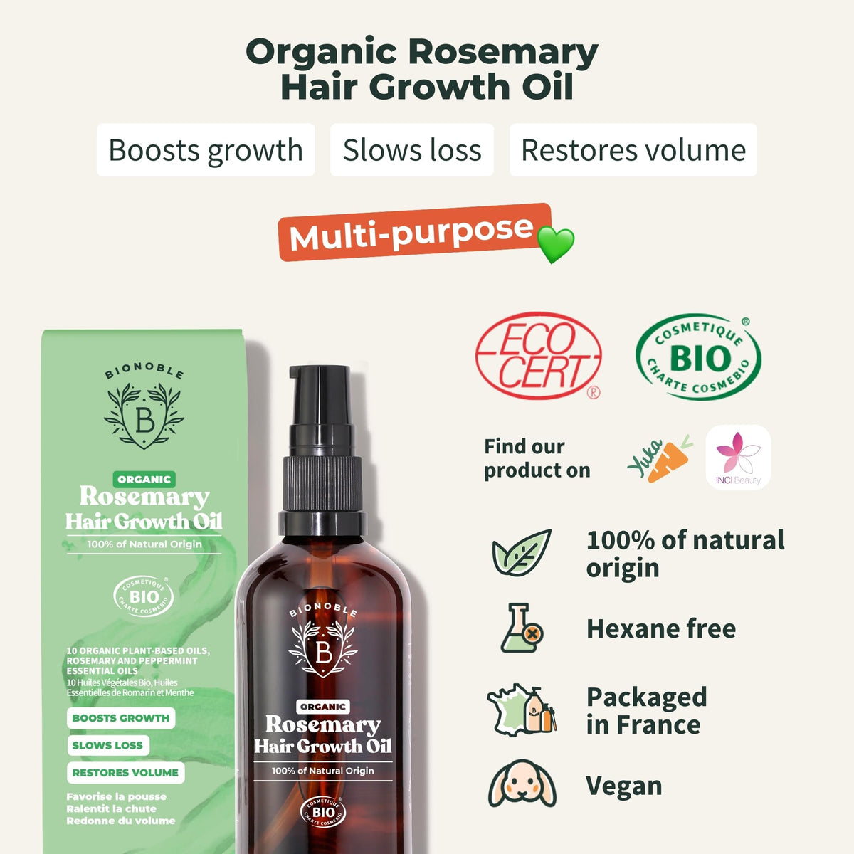 BIONOBLE Organic Rosemary Oil for Hair Growth - Hair Loss, Volume - 50ml