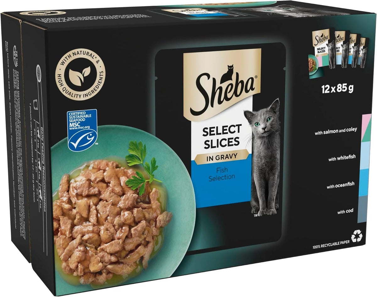 Sheba Select Slices in Gravy – Fish Collection – Wet cat food pouches for adult cats – 12 x 85g pack