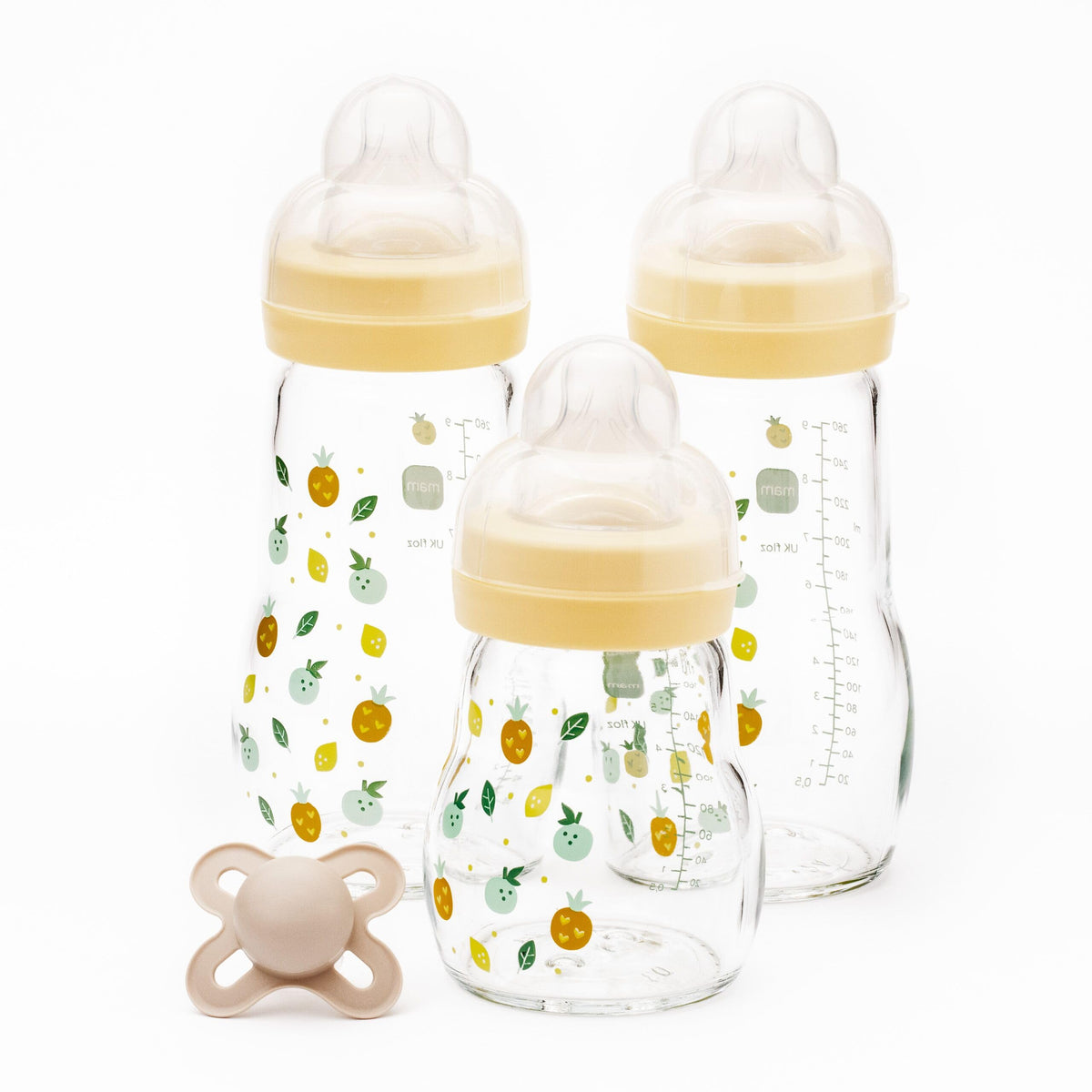 MAM Glass Bottle, 2X 260ml, with SkinSoft Silicone Teat, Yellow