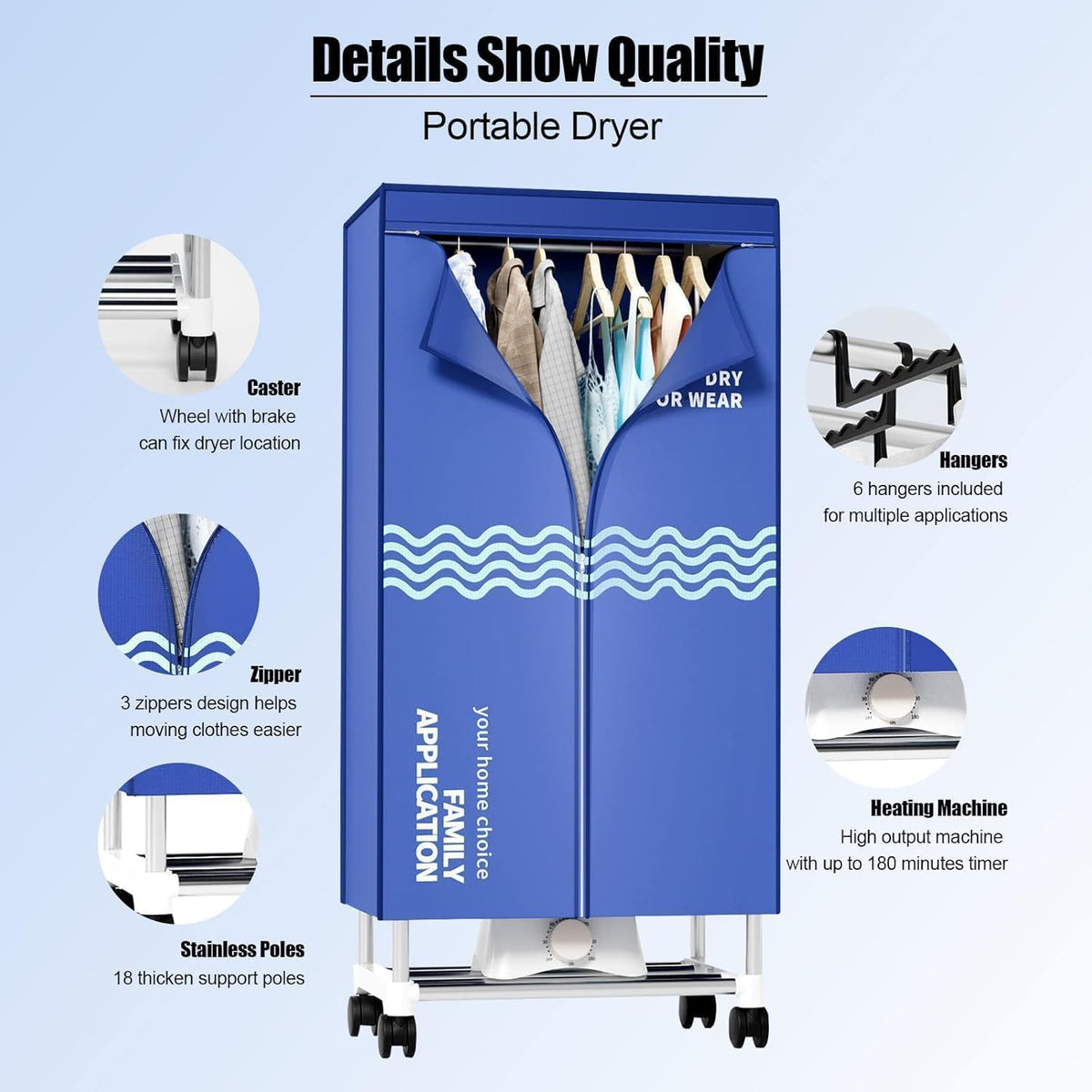 Clothes Dryer, Portable Drying Machine with Timer, 60inch Laundry Drying Wardrobe with Large Capacity, Electric Dryer/Rack for Home | Appartments (Blue IV5)