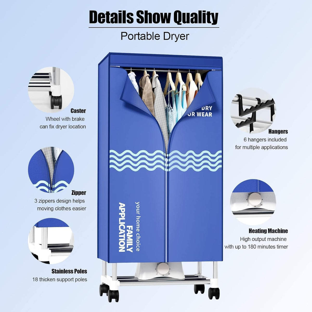 Clothes Dryer, Portable Drying Machine with Timer, 60inch Laundry Drying Wardrobe with Large Capacity, Electric Dryer/Rack for Home | Appartments (Blue IV5)