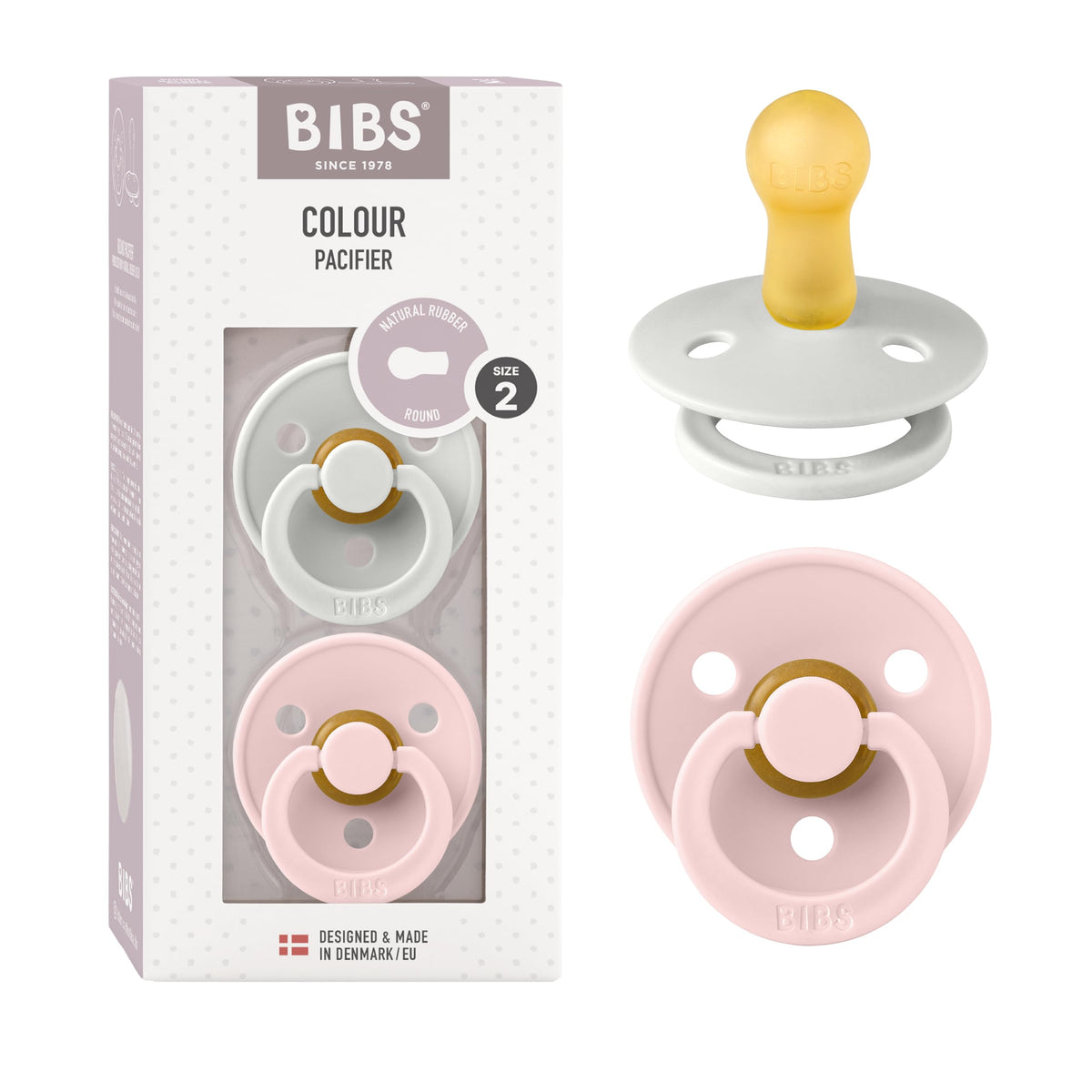 BIBS Colour Soother 2-Pack, BPA Free Dummy Pacifier, Round Nipple. Natural Rubber Latex, Made in Denmark, Size 2 (6-18 Months), Baby Blue