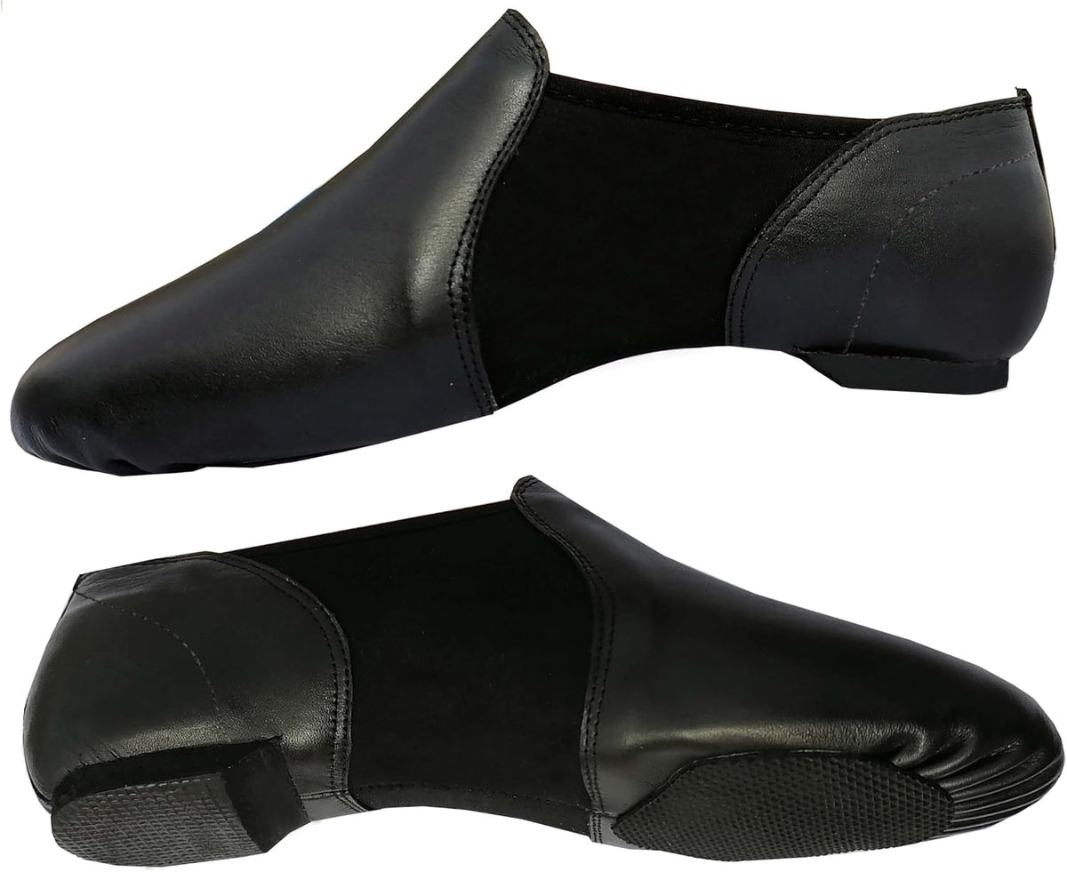 Slip On Jazz Dance Shoes - Pure Black Leather - Modern Stage Rubber Heel - Neoprene - Irish Dancing Pumps - Adults & Kids