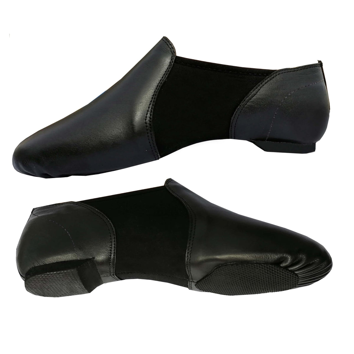 Slip On Jazz Dance Shoes - Pure Black Leather - Modern Stage Rubber Heel - Neoprene - Irish Dancing Pumps - Adults & Kids