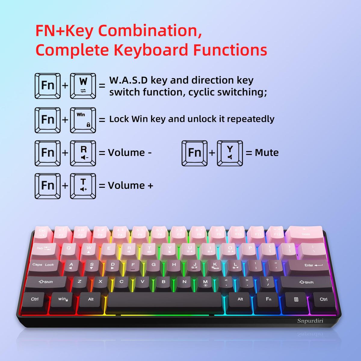 Snpurdiri Wired Mechanical Gaming Keyboard, 60% Size, LED Backlight, 61 Keys, Small Wired Office Keyboard for Windows Laptop/PC, Mac (Black-Red, Blue Switches)