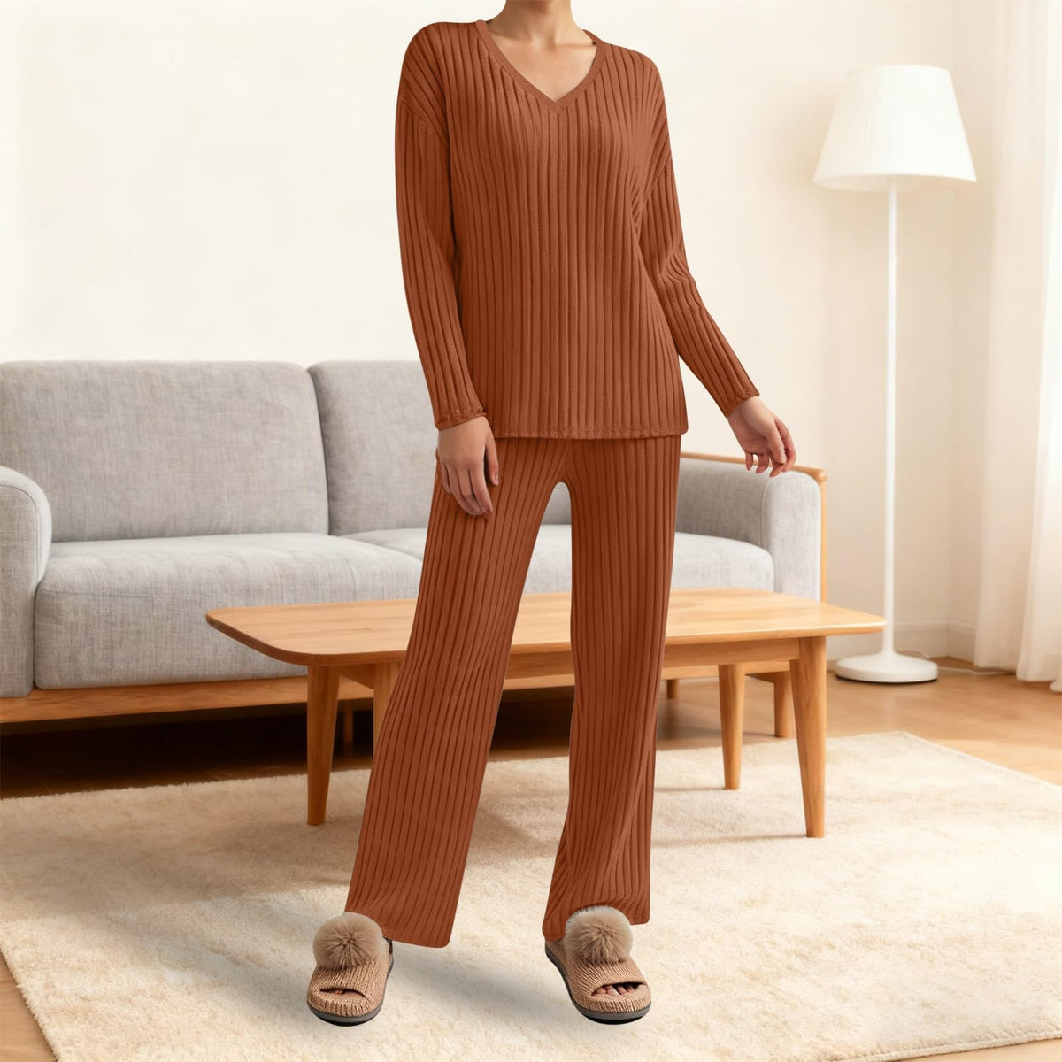 Lounge Wear Sets For Women Uk Womens Pyjamas Set Ladies Pyjamas Two Piece Outfit Fleece Tracksuits V-Neck Long Sleeve Jumpers And Wide Leg Trousers With Pockets Sleepwear Plain Casual Homewear