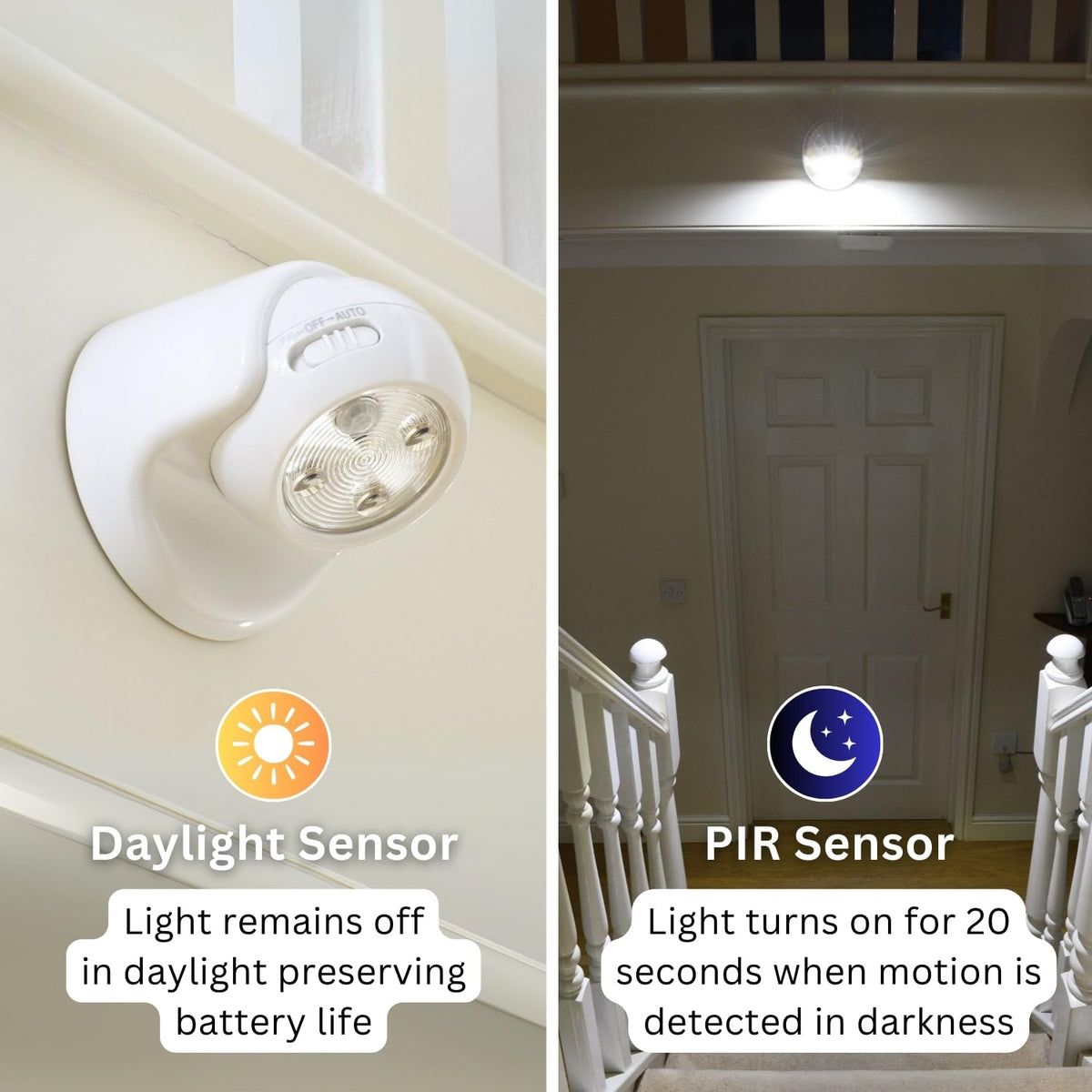 Auraglow Motion Sensor Security Light, Wireless Battery Powered PIR, Black