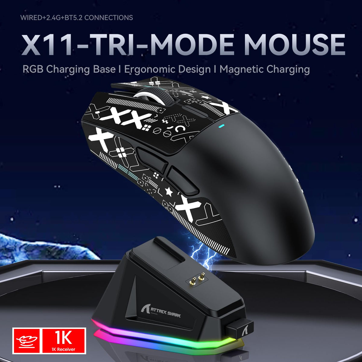 ATTACK SHARK X11 Gaming Mouse with Magnetic Charging Dock, PixArt PAW3311 Gaming Sensor, BT/2.4G Wireless/Wired Gaming Mouse with Mouse Grip Tape, 22000 DPI, Gamer Mice for Win11/Xbox/PS/Mac (Red)