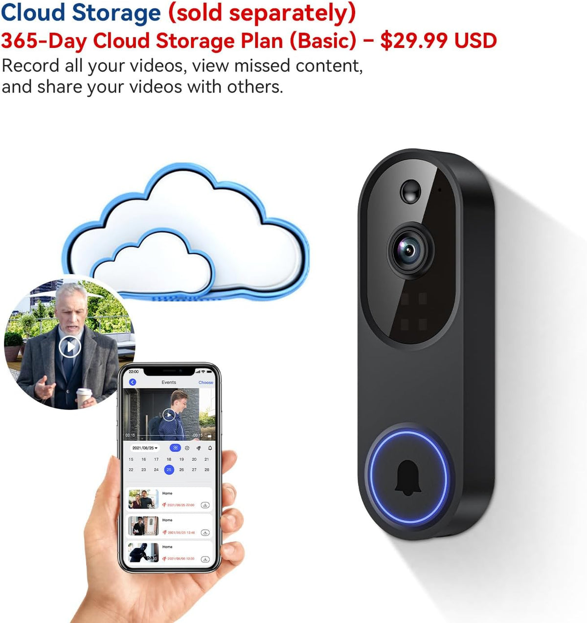 1080P Battery WiFi Video Doorbell Camera Wireless with Color Night Vision
