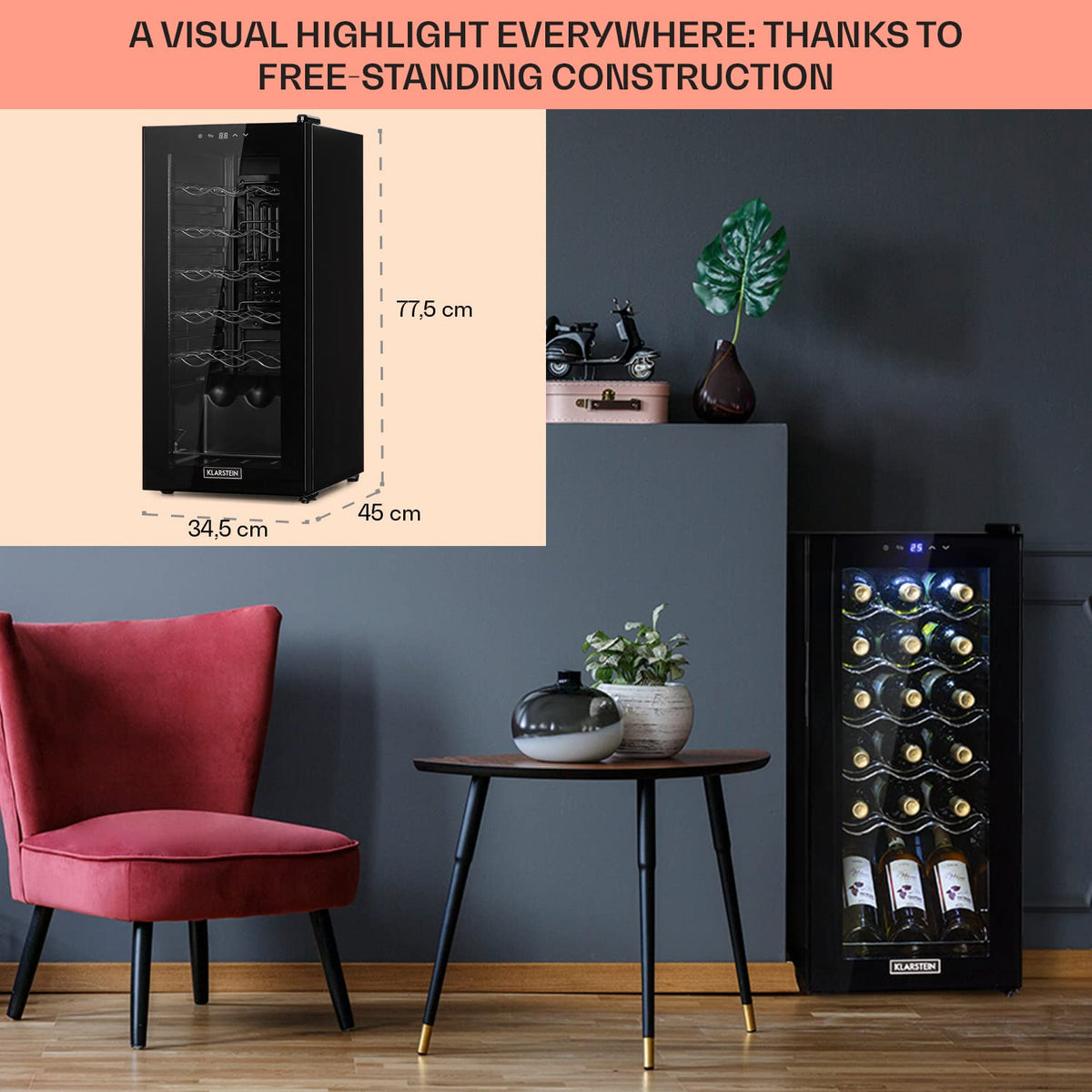 KLARSTEIN Shiraz Wine Cooler Black – 8 Bottles, 1 Zone | Freestanding Wine Fridge with Glass Door, Quiet, 5–18 °C, LED, Stainless Steel Frame