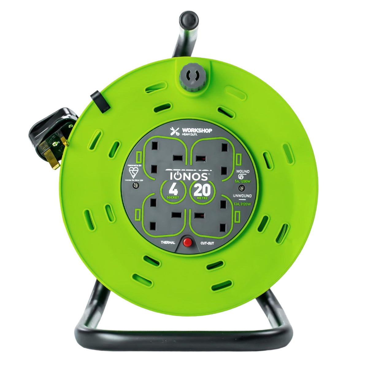 IONOS 2 Socket Cable Reel, 10m Outdoor Garden Extension Lead, DIY