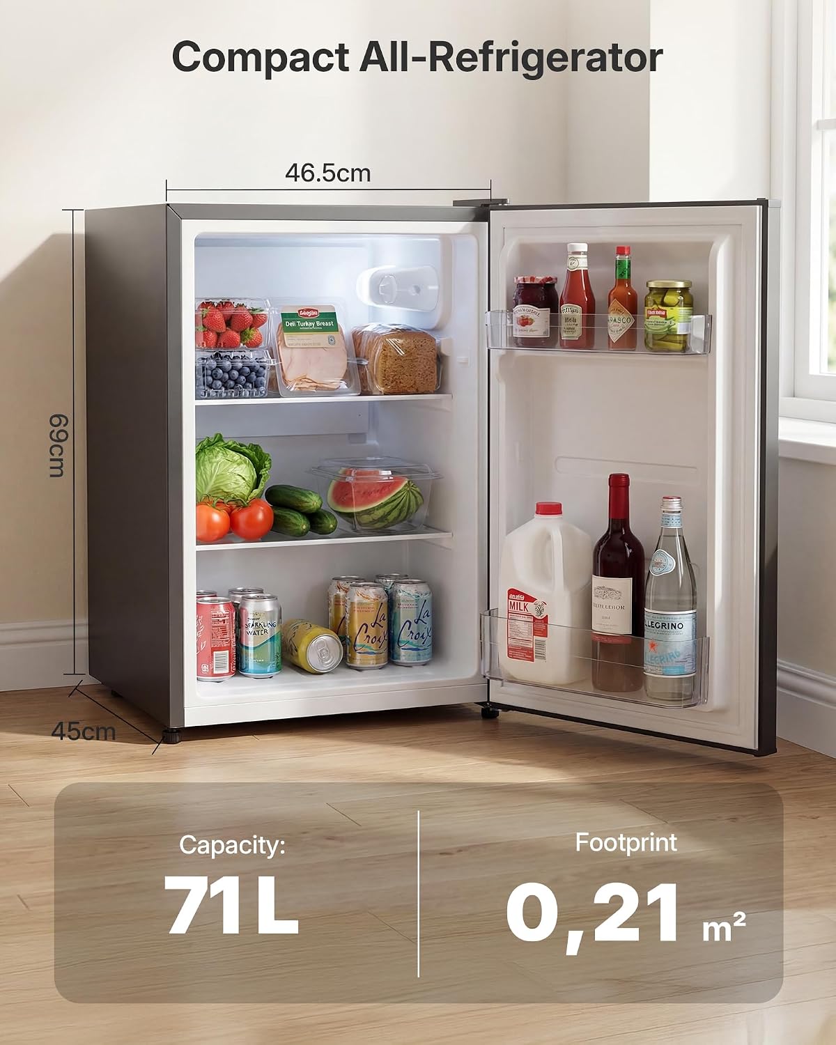Upstreman 71L Fridge Without Freezer Compartment, 1-10°C 7-Step Temperature Control, LED Lighting, 40dB Quiet, Energy-Saving Full-Size Refrigerator for Bedroom, Office, Kitchen, CR71-Dark gray