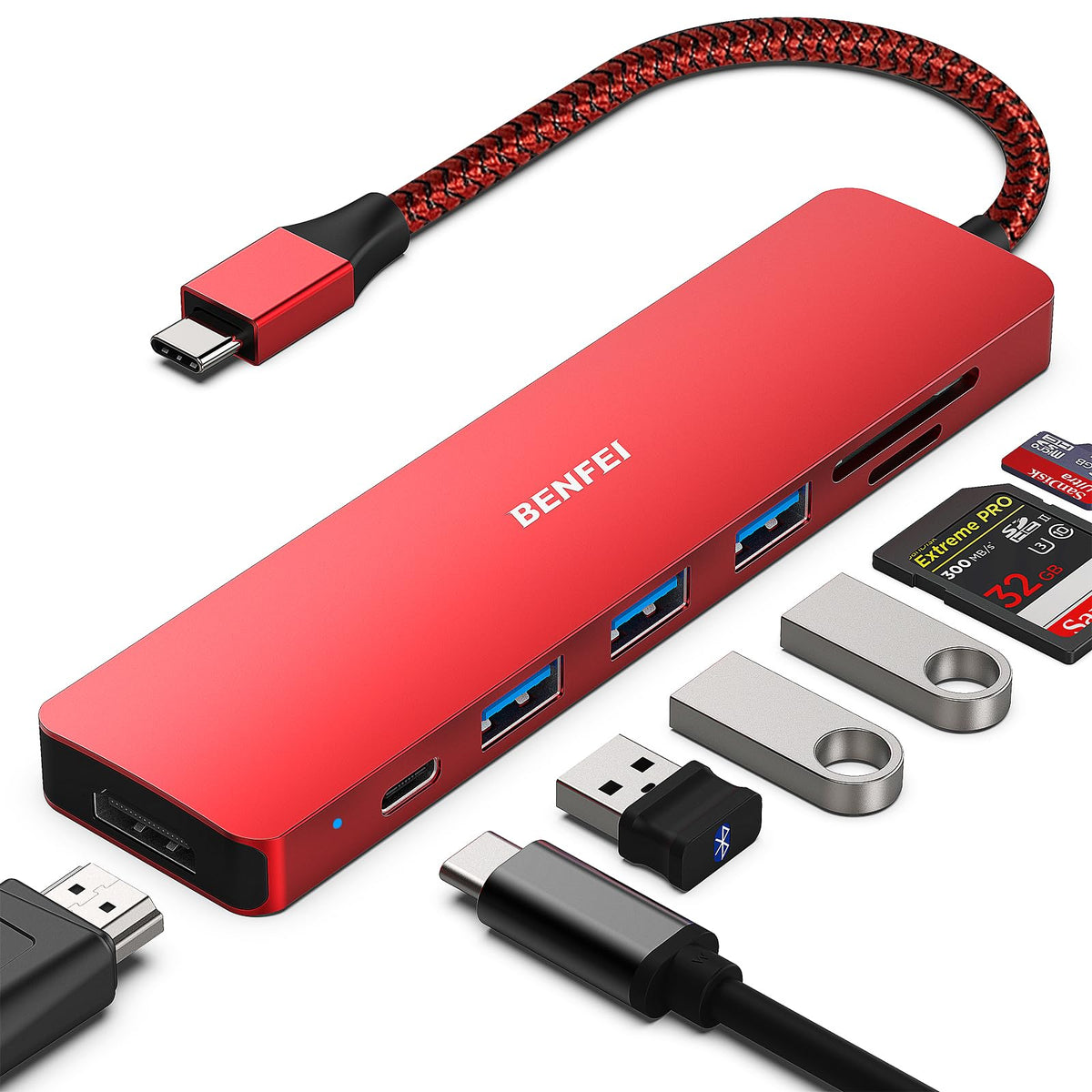 BENFEI USB-C Hub 5-in-1 with 4K HDMI, 3 USB-A 3.2 GEN2 10Gbps, 100W PD, Silicone Woven Cable, Aluminum Case, Compatible with MacBook, iPad, iPhone 15/16 Series
