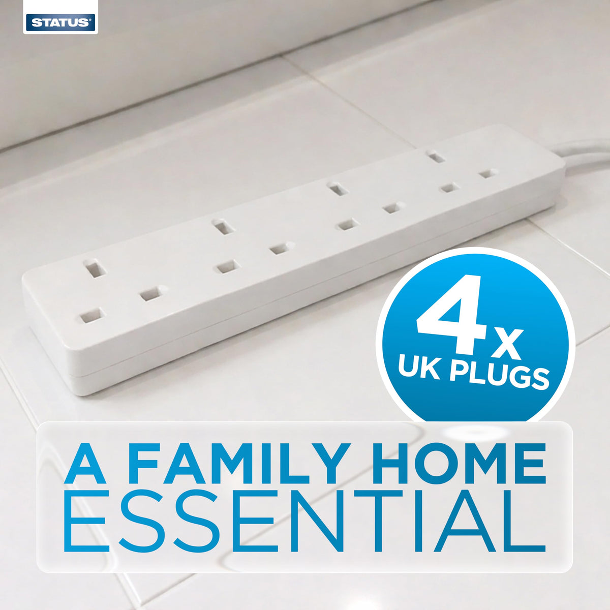 STATUS 4 Way Socket Extension Lead, 4m Cable with Neon Power Indicator, 13A Multi-Plug Strip for Home or Office, Wall Mountable, White (S4W4MS6)