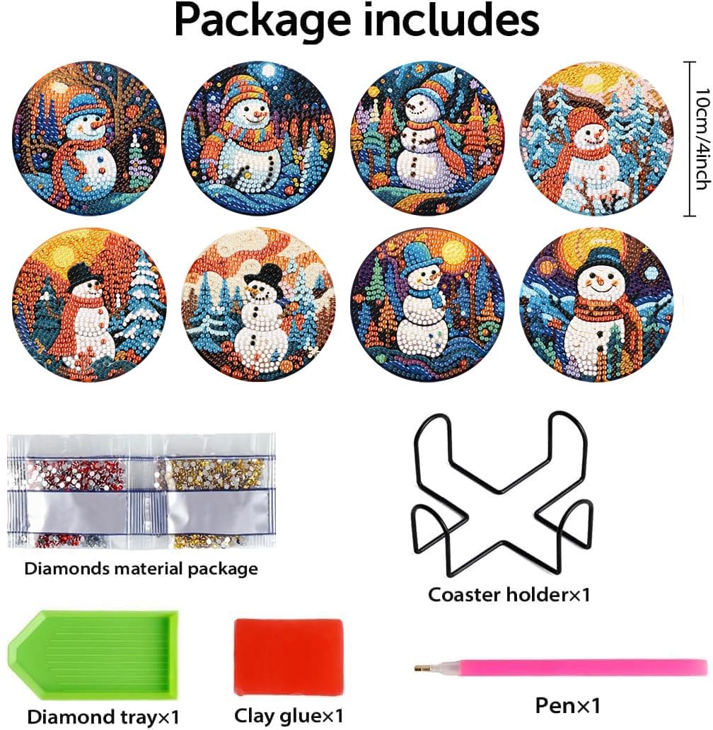 8Pcs Diamond Painting Coasters with Holder,DIY Cocktail Life Coaster Diamond Art Kits for Adults Kids,Beginners Round Full Drill Diamonds Art Craft Supplies