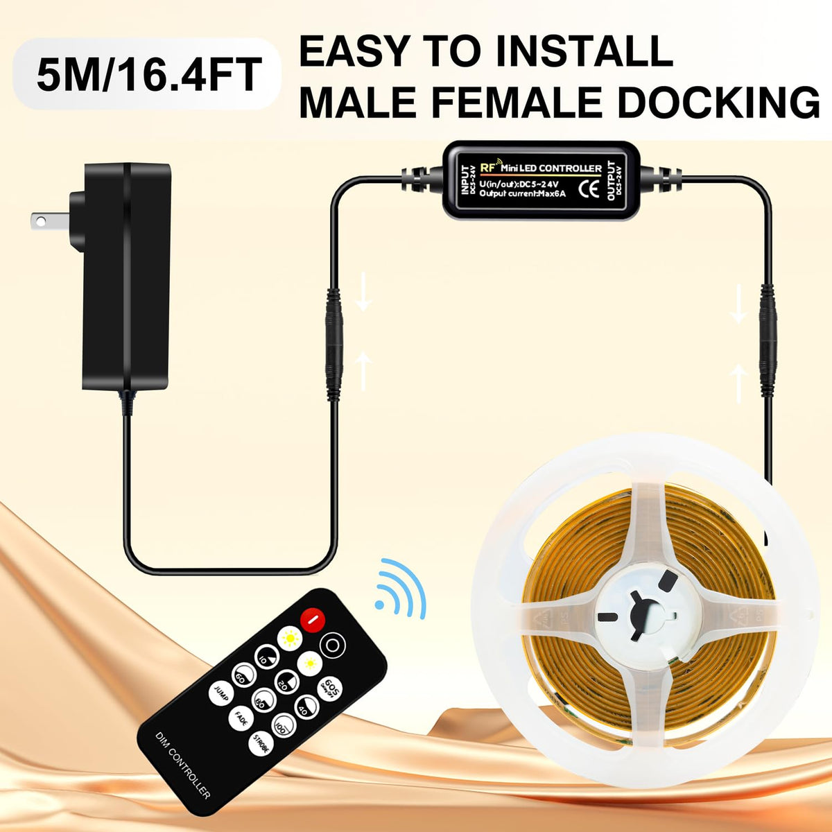COB LED Strip 7.5m Warm White, 3000K, 24V, Remote Control, 8mm Wide