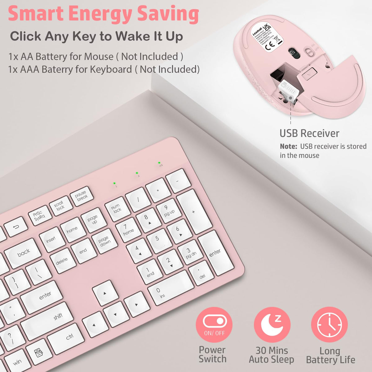 LeadsaiL Wireless Keyboard and Mouse Set, 2.4GHz USB Computer Keyboards and Mouse Combo, Full Size UK QWERTY Layout, Ergonomic Design with 12 Multimedia Shortcuts for HP/Lenovo Laptop and Mac-Purple