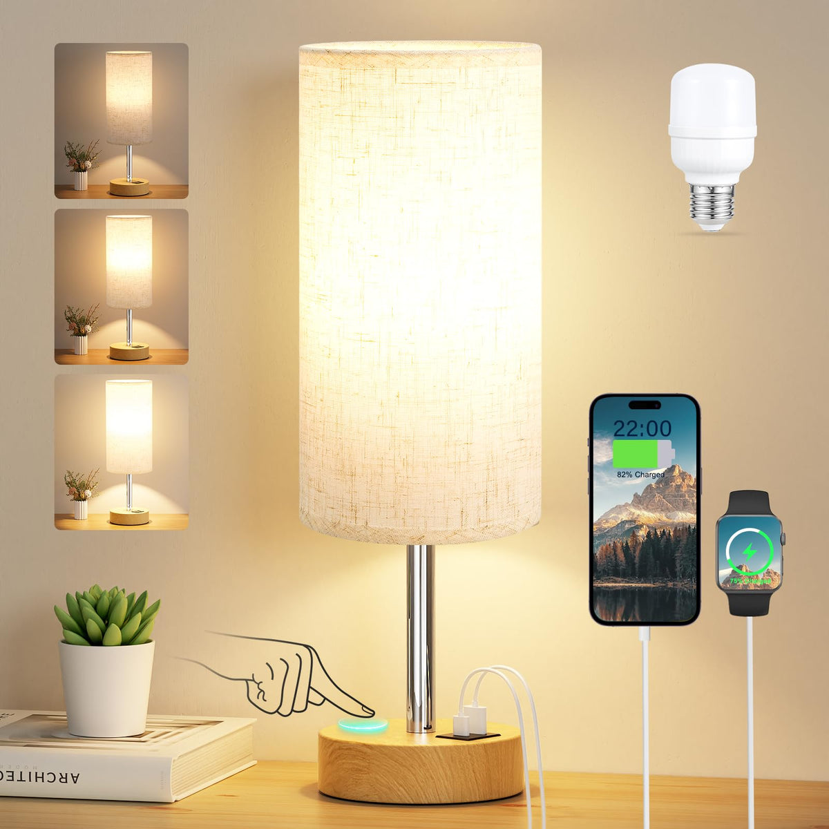 Aooshine Grey Table Lamp, 3-Way Dimmable, USB A + C Charging