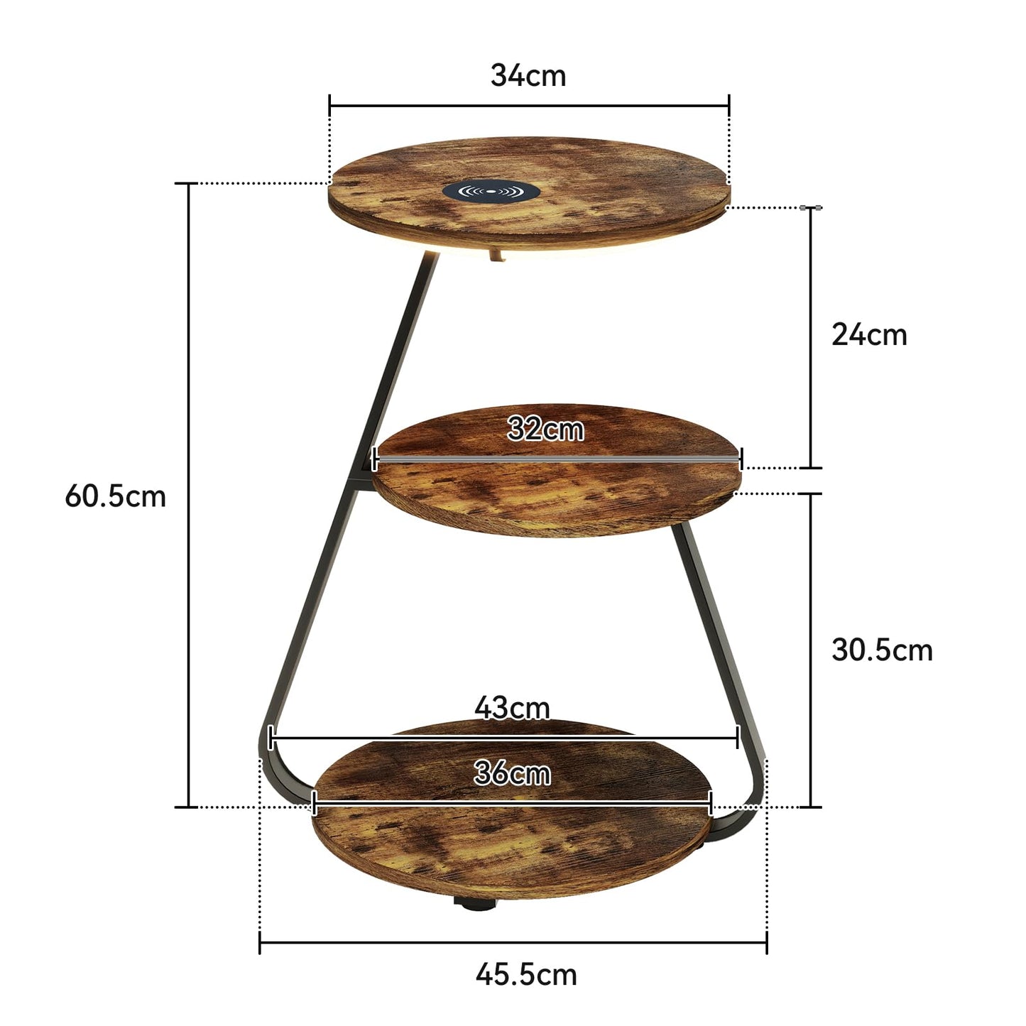 ARTETHYS Side Table, Small Round Coffee Table with 3 Color LED Lights, End Table with 3 Tier Storage Shelves, Bedside Sofa Side Tables for Living Room Bedroom, Rustic Brown