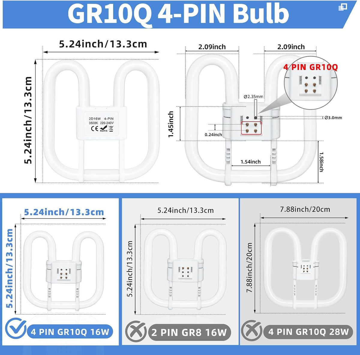 4-PIN 16W(Size: 13.3cm*13.3cm) GR10Q Compact Fluorescent Lamp Non-Dimmable Warm White 3500K, 4PIN (Not 2Pin) Recessed Ceiling Light, CFL Light Bulb, Low Energy Light Bulb, Suitable for Indoor Corrido