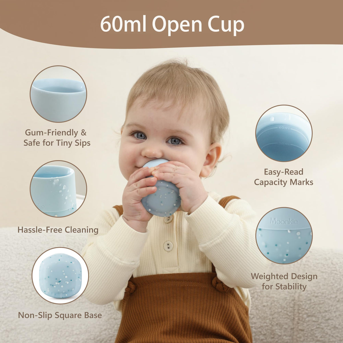 Moonkie Baby Cup | Silicone Open Cup Baby from 6 Months | Weighted Base (Anti-Tip) | BPA Free | Capacity Markings | 60ml (Ether)