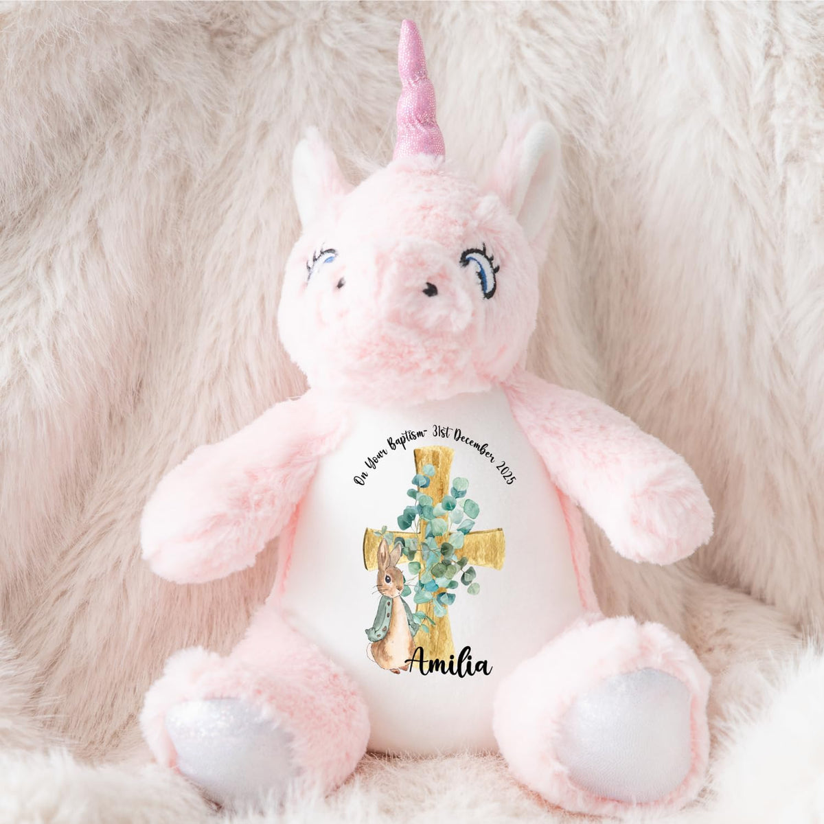 Crafted Memories - Personalised Bunny Rabbit | Custom Name & Date | Christening & Baptism Keepsake | Baby Girl & Boy | Soft Grey, White | Ideal 1st Birthday Present