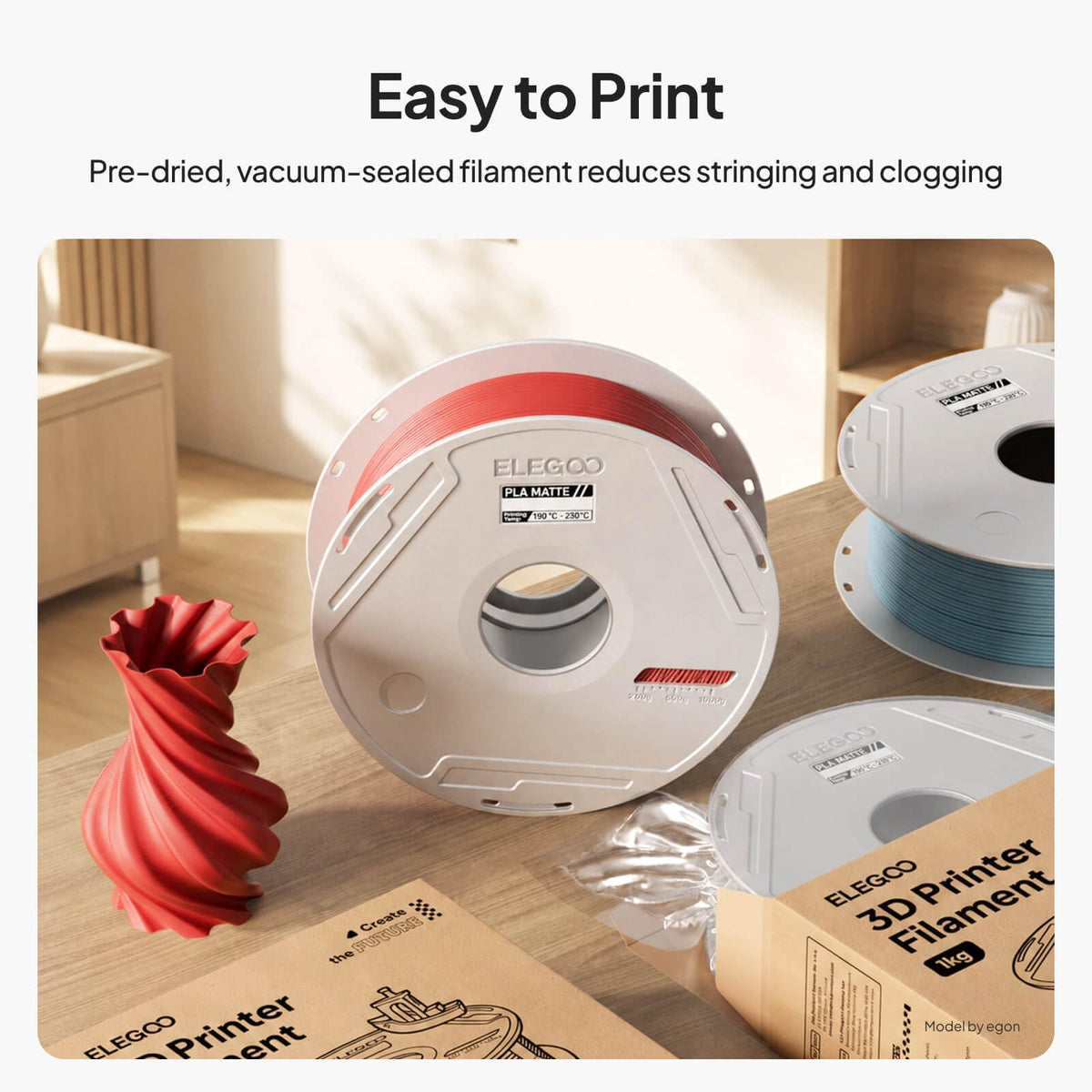 ELEGOO PLA Basic Refill 3D Printer Filament 1.75mm Red 1KG, Easy Storage
