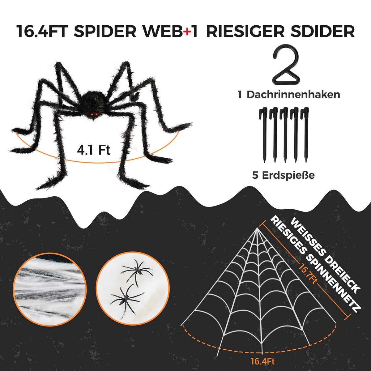 BOSONER 200'' Giant Spider Web Halloween Decorations + 50'' Large Spider