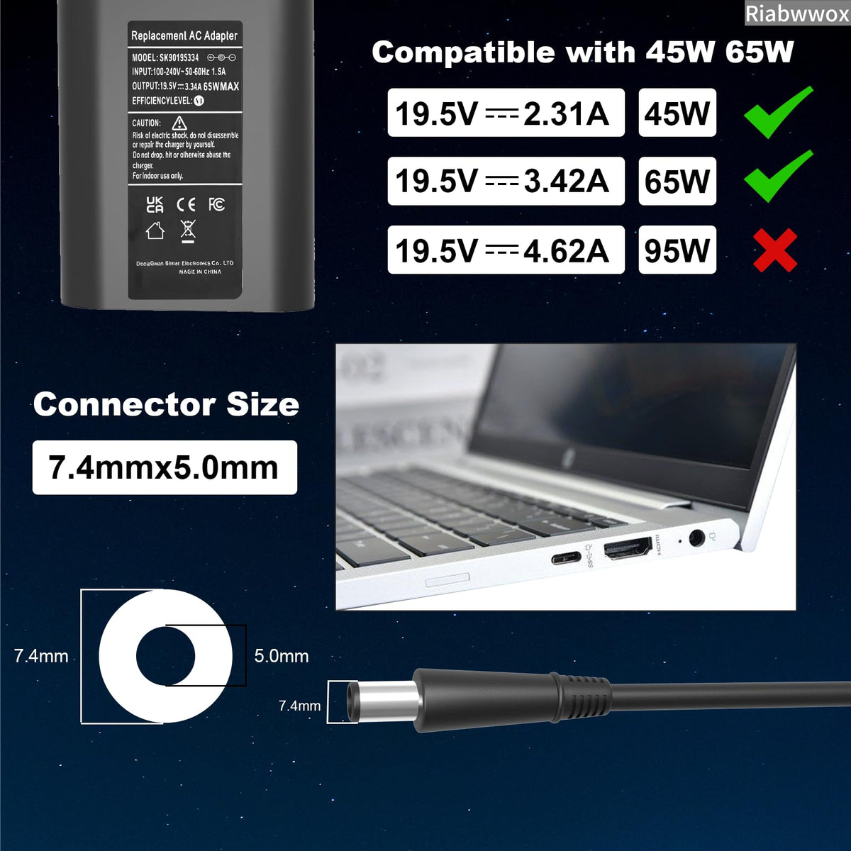 4.5 X 3mm 65W Laptop Charger Compatible with Dell Inspiron 15