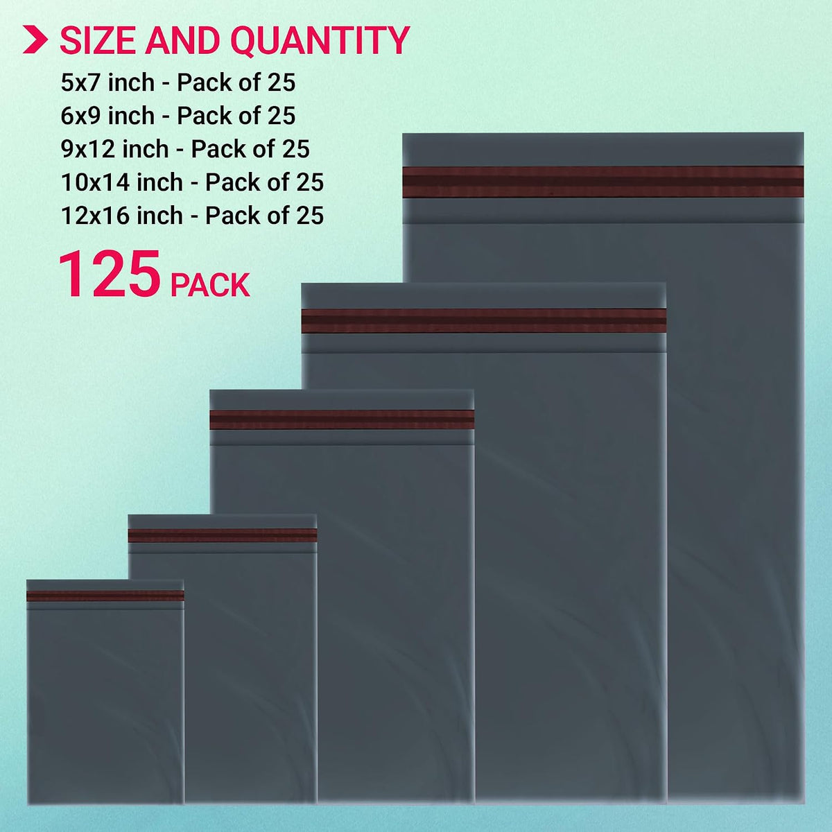 125 Mixed Grey Parcel Bags, Tamper-Proof Strong Postal Packaging Bags for Shipping, Mailing & Delivery, 5 Sizes Small to Large, 25 Each