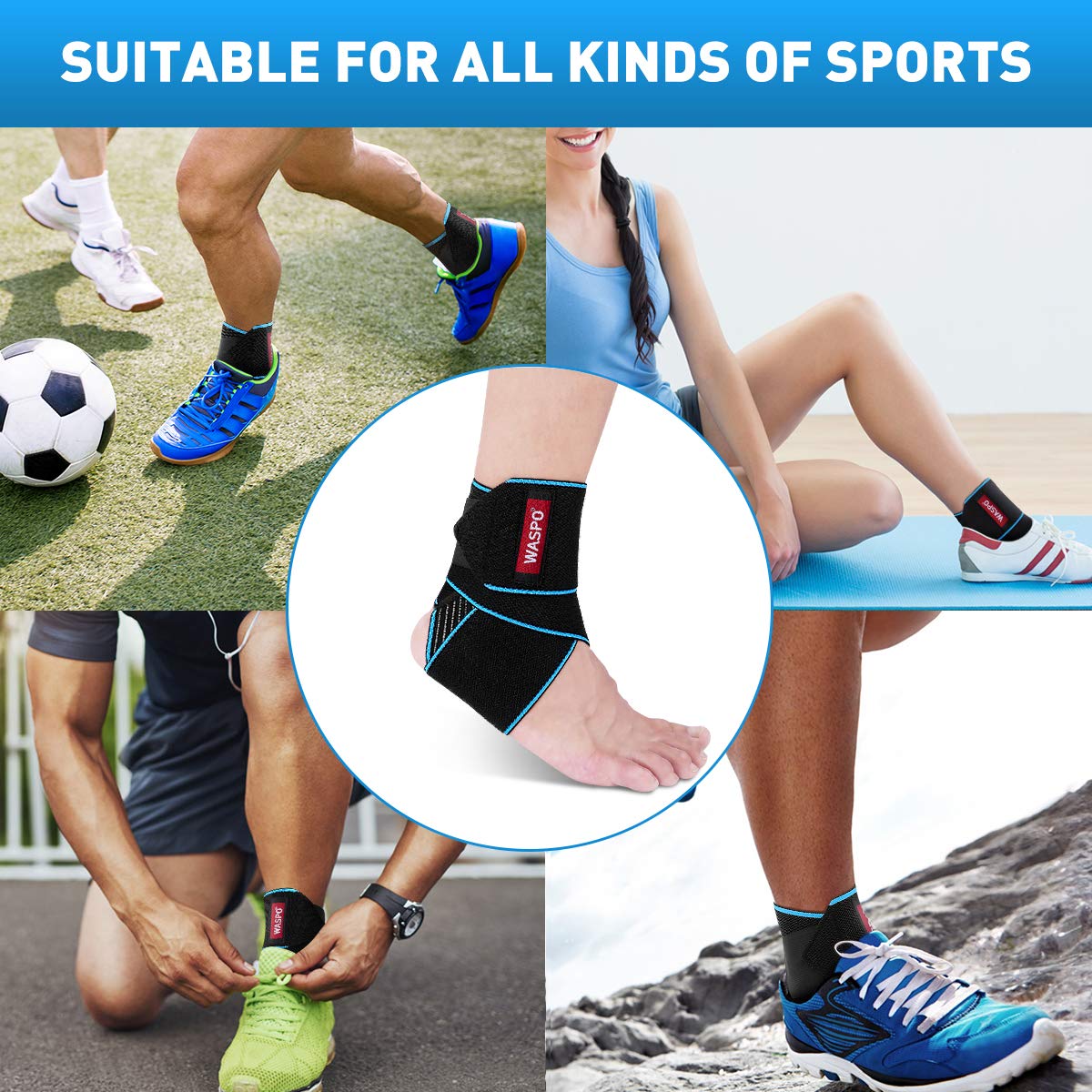 WASPO Ankle Support Brace - Adjustable Ankle Brace Wrap Strap for Sports Protect, Plantar Fasciitis, Achilles tendonitis, Ligament damage, Injury Recovery, One Size for Men Women 1 PC Blue