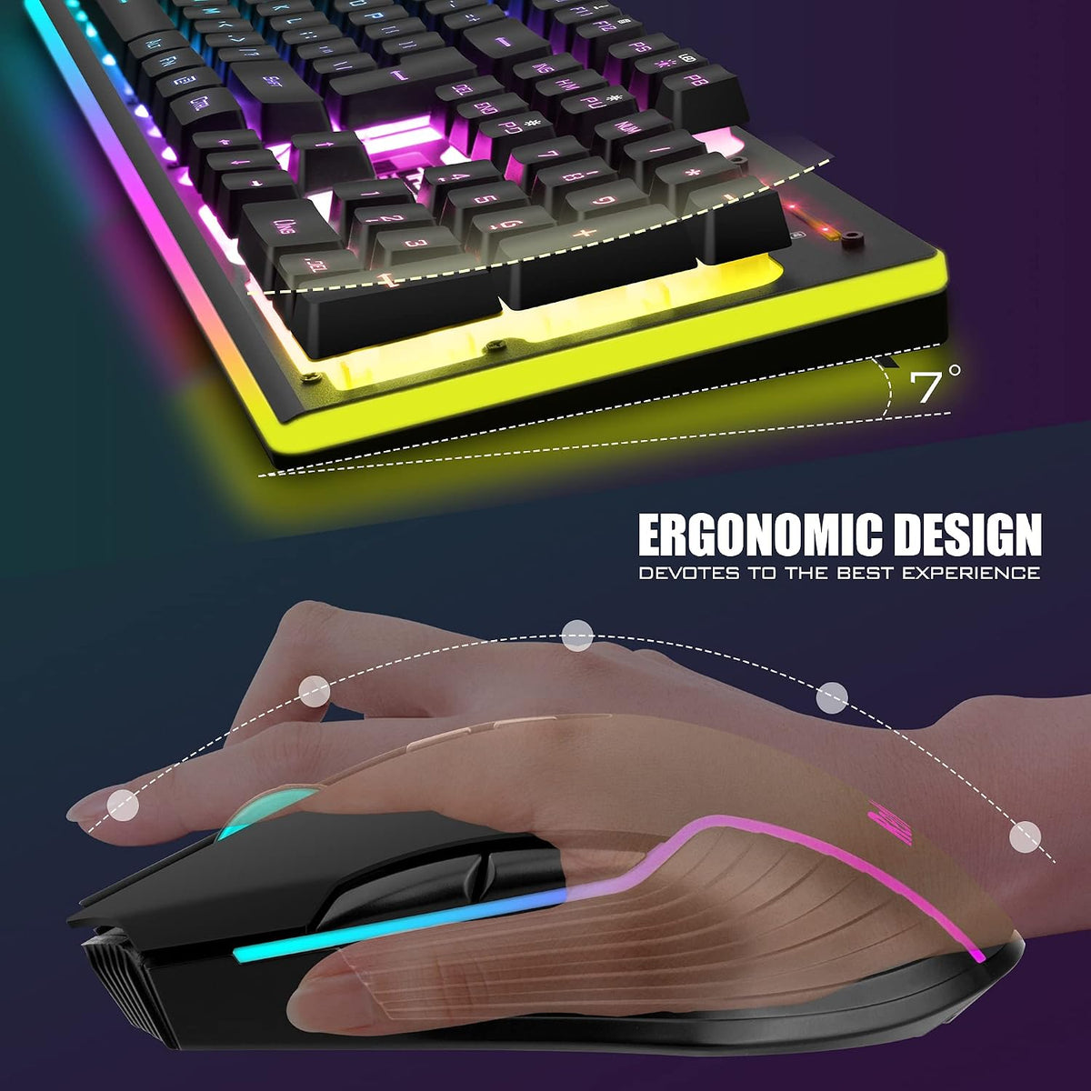 RedThunder K10 Wireless Gaming Keyboard and Mouse Combo, LED Backlit Rechargeable 3800mAh Battery, UK Layout Mechanical Feel Keyboard + 7D 3200DPI Mice for PC Gamer (Black)