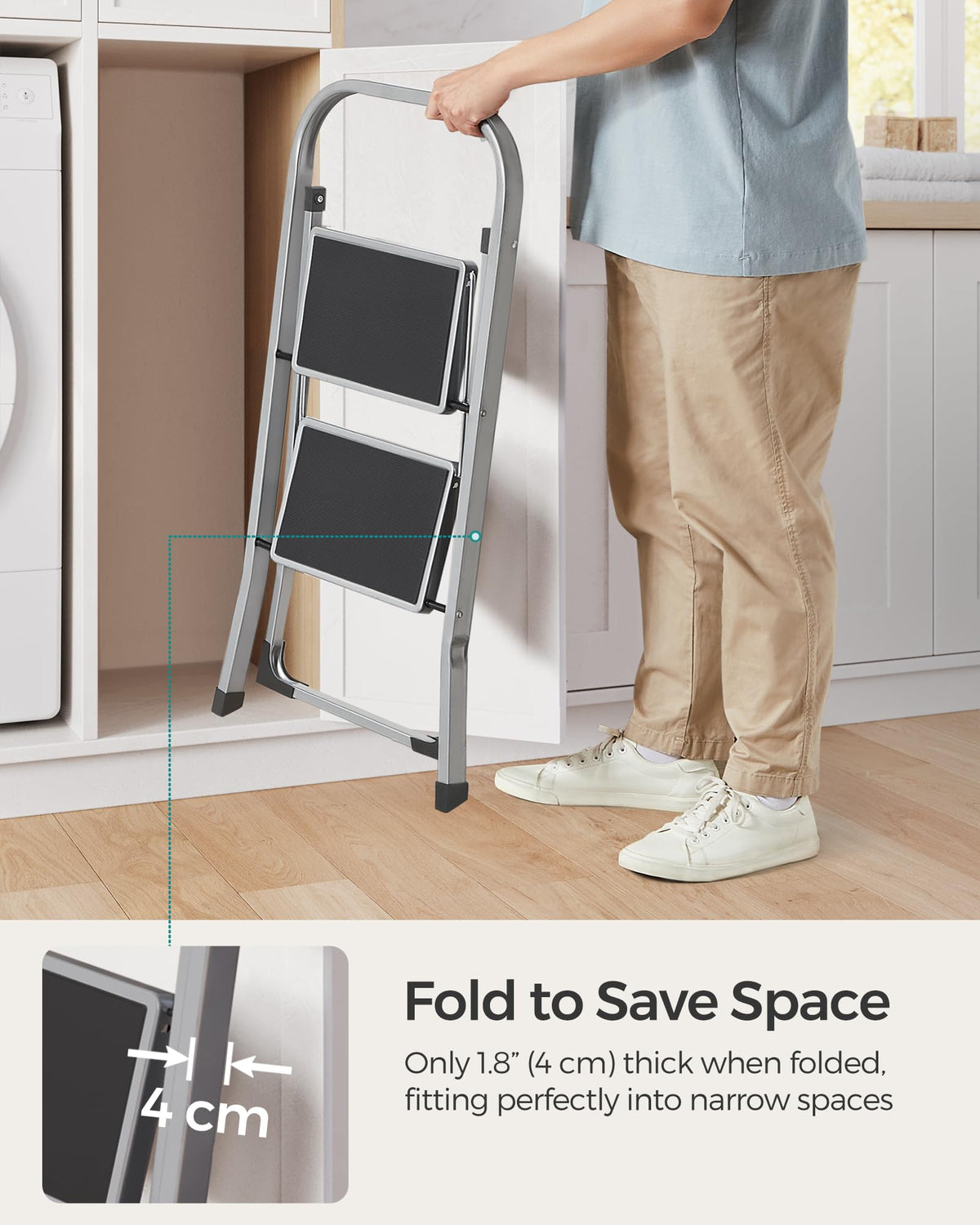 SONGMICS 2-Step Ladder, Folding Step Ladder, Safety, Holds up to 150KG