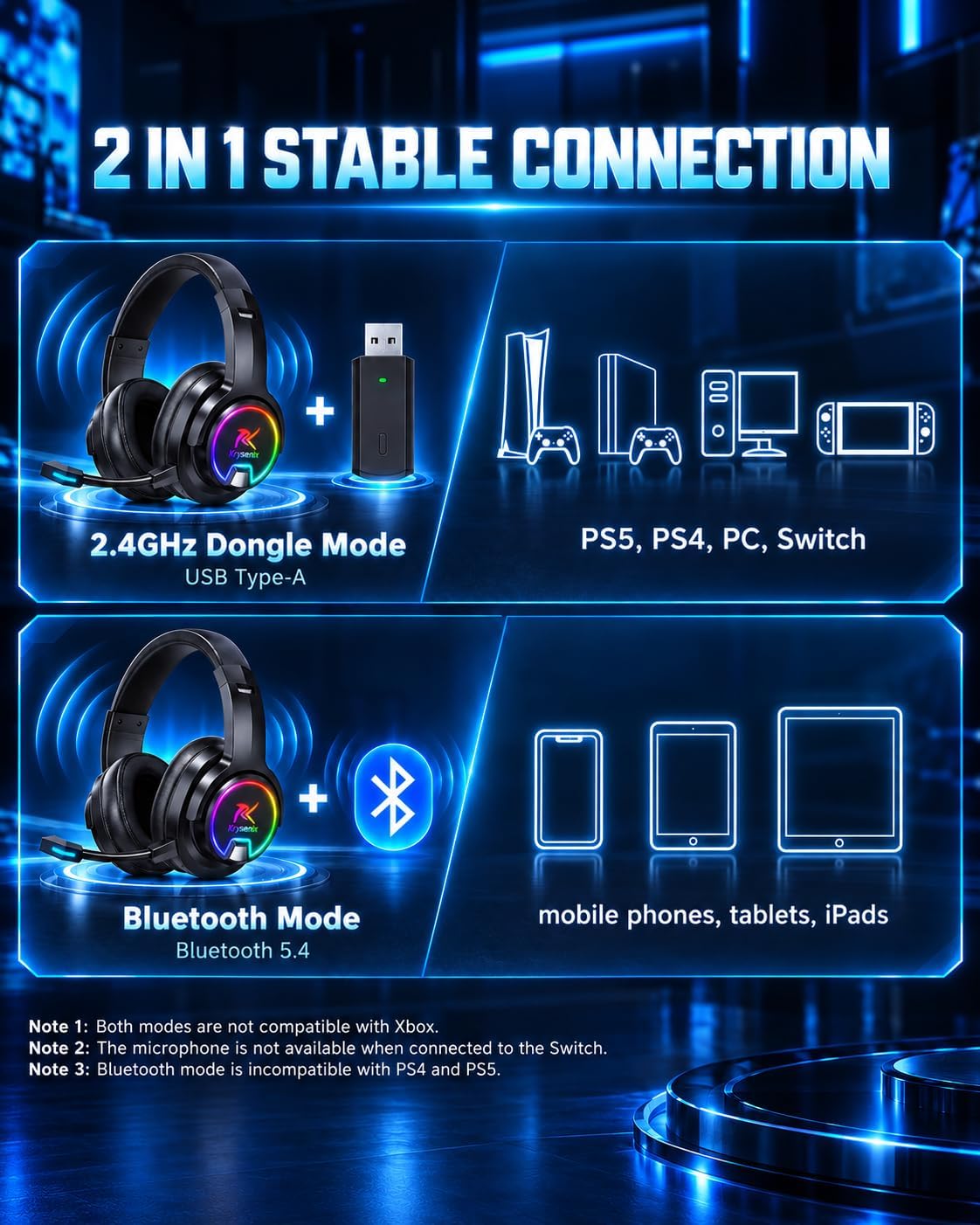 Krysenix PG3 Wireless Gaming Headset with Mic for PS5, PC, PS4, Mac, Switch