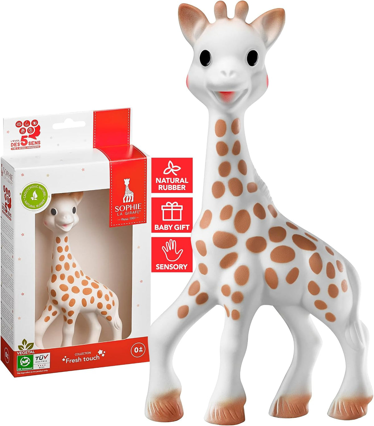 Sophie la girafe Baby Teether – 100% Natural Rubber Teething Toy – BPA-Free, Non-Toxic, Vegan, Sensory Stimulating Teether for Newborns 0+ Months