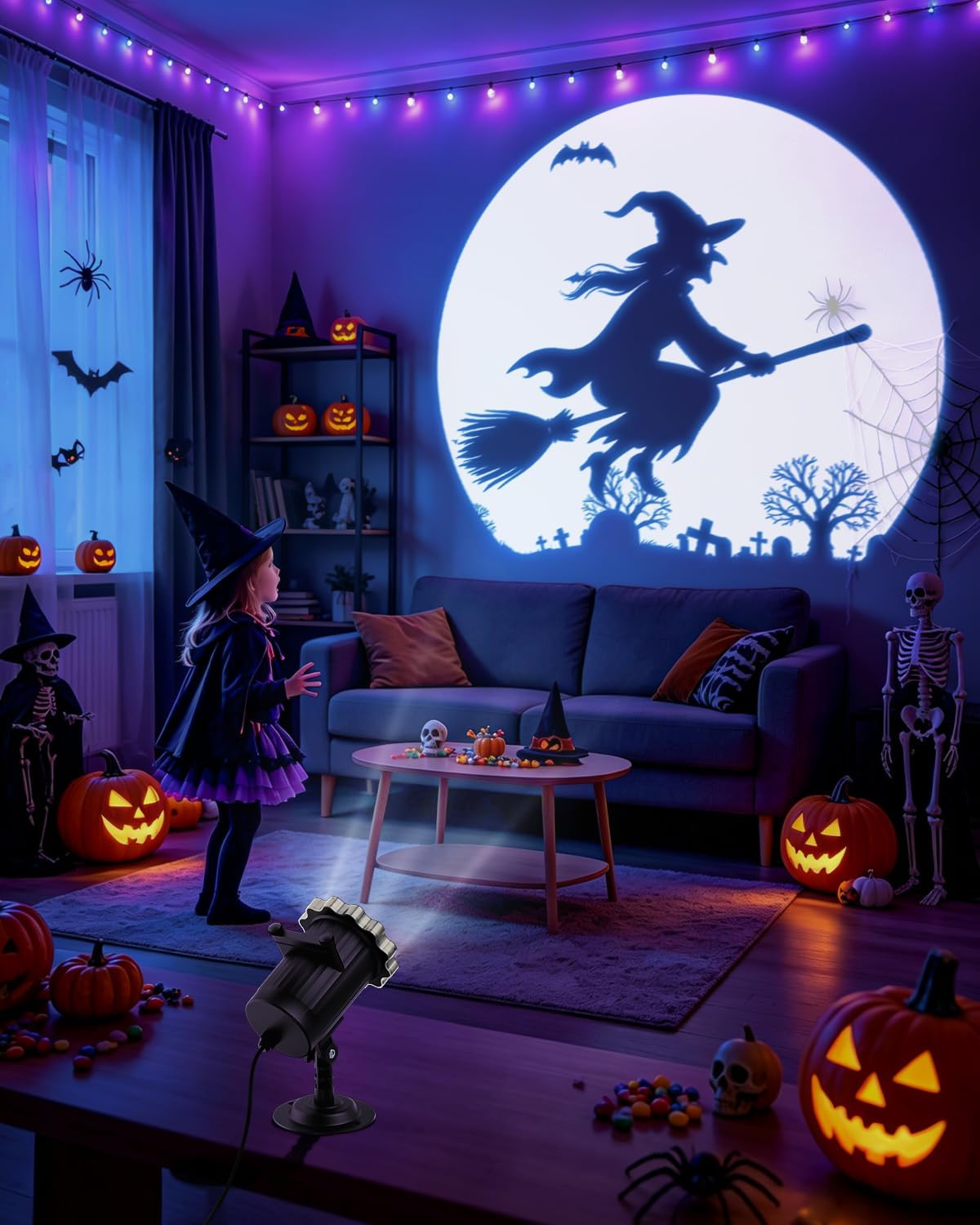 Halloween Projector Outdoor, Dynamic Halloween Decorations Lights with Motion Effects, Flying Witch Broomstick/Spooky Cat/Dance Skeleton, Movement Night Light for Window Yard Wall Garage Holiday Decor
