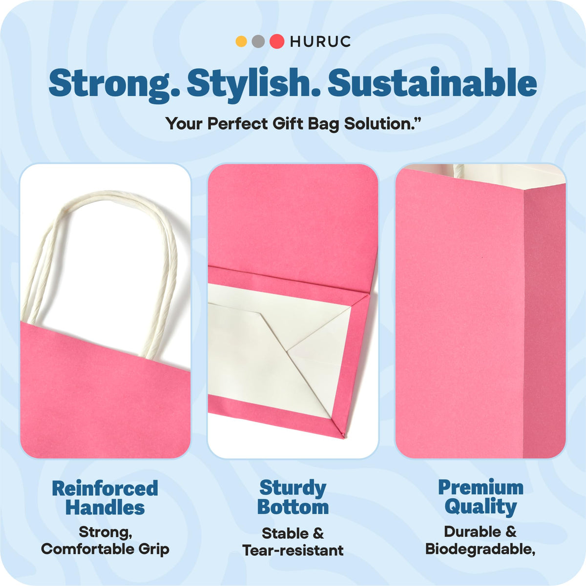 HURUC Brown Paper Bags with Handles 50 Pack Medium 130 GSM