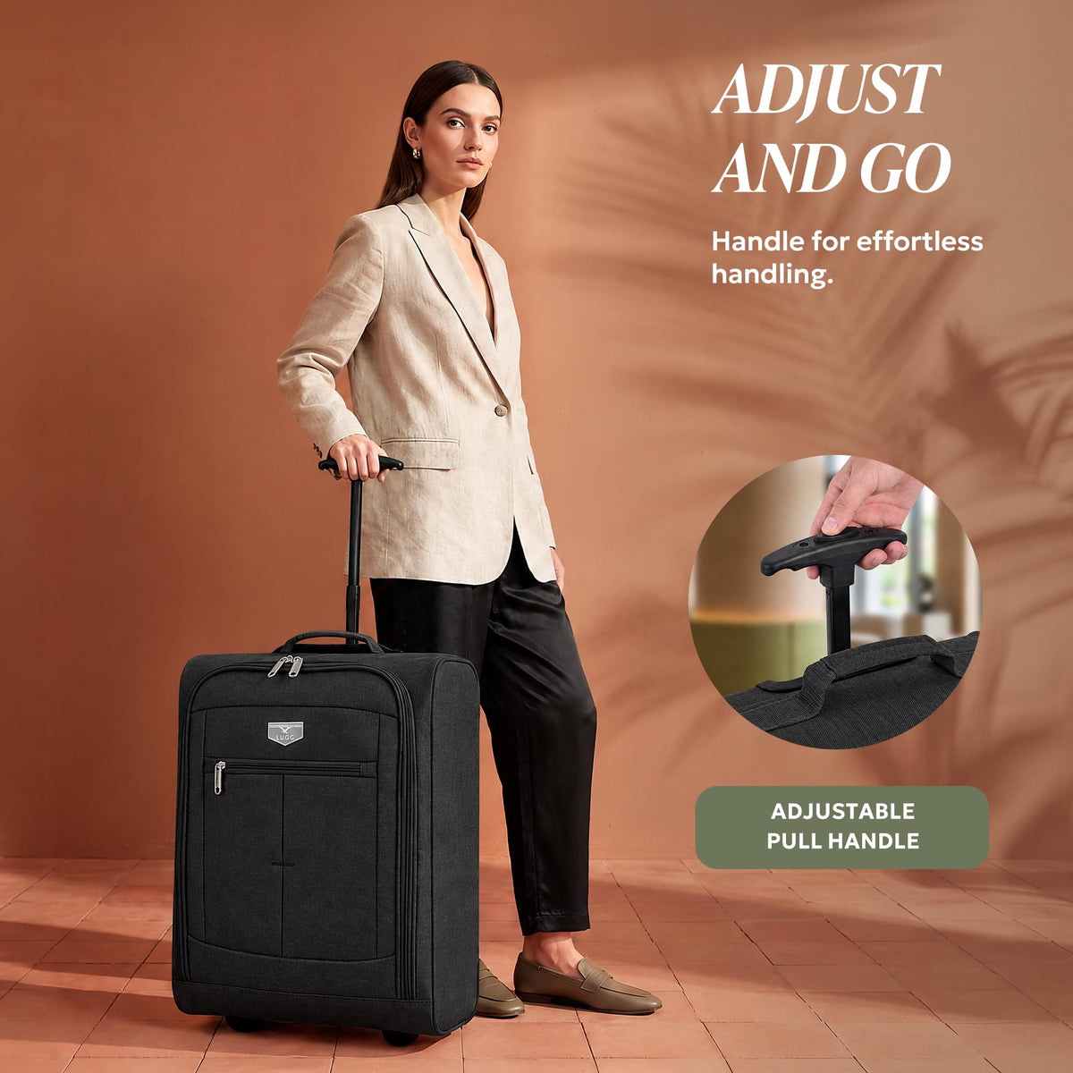 LUGG Lightweight Cabin Luggage, 600D Polyester, Solid Wheels, 45x36x20cm