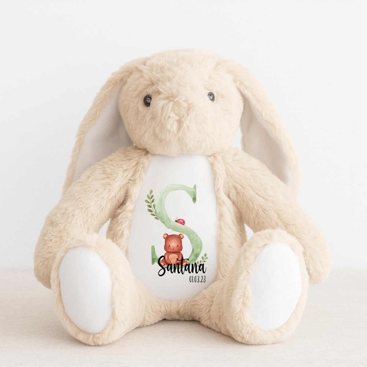 Crafted Memories - Personalised Teddy | Velveteen Bunny Soft Toy | Customisable Name for Newborns | Keepsake for Boys & Girls | Baby Shower Item | Pink Initial | Grey or White, 20-23cm