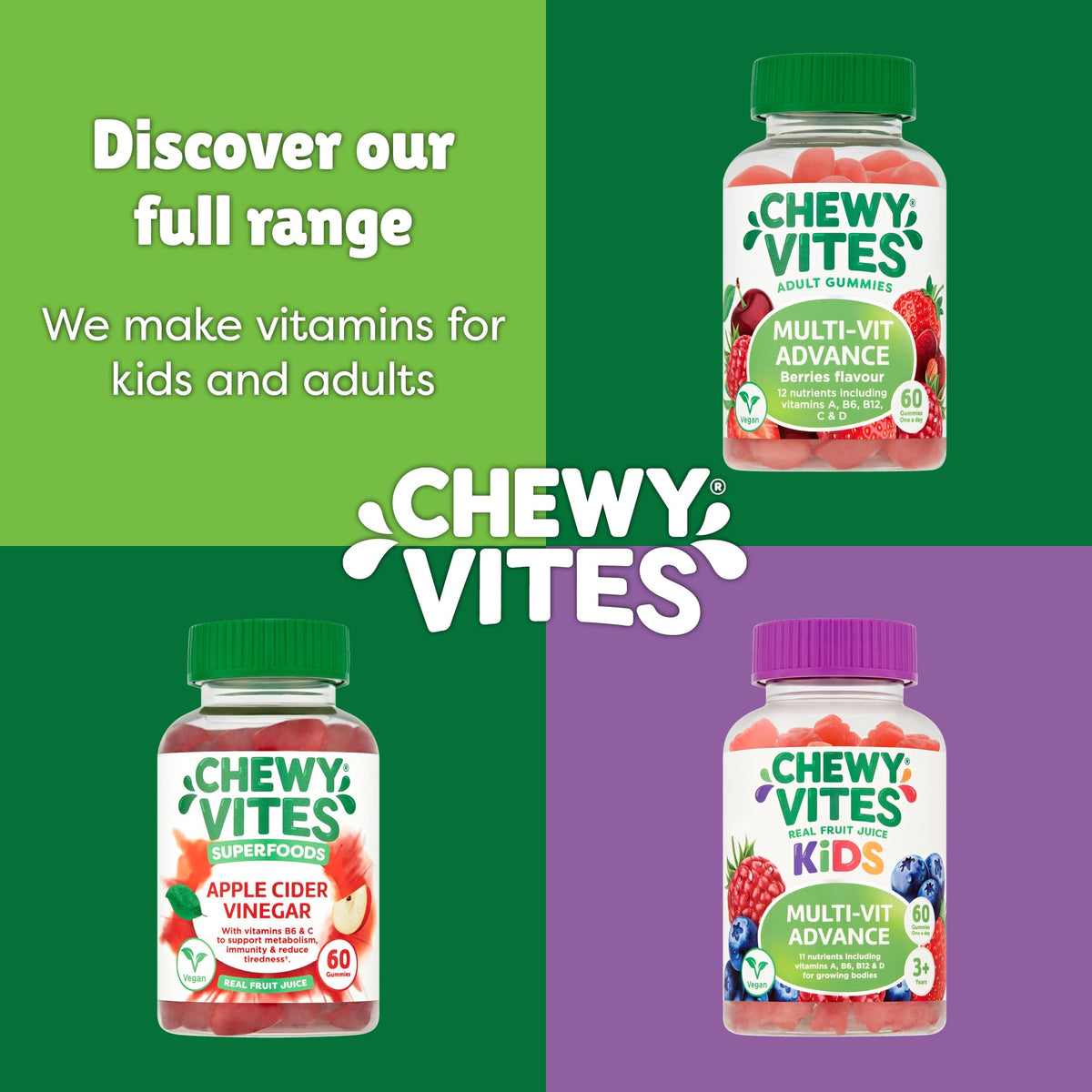 Chewy Vites Kids Multivitamin Advance, 60 Kids Vitamins Gummies, 11 Essential Nutrients, 2 Months Supply, Real Fruit Juice, Vegan, Age 3 +, Blueberry and Raspberry Flavour